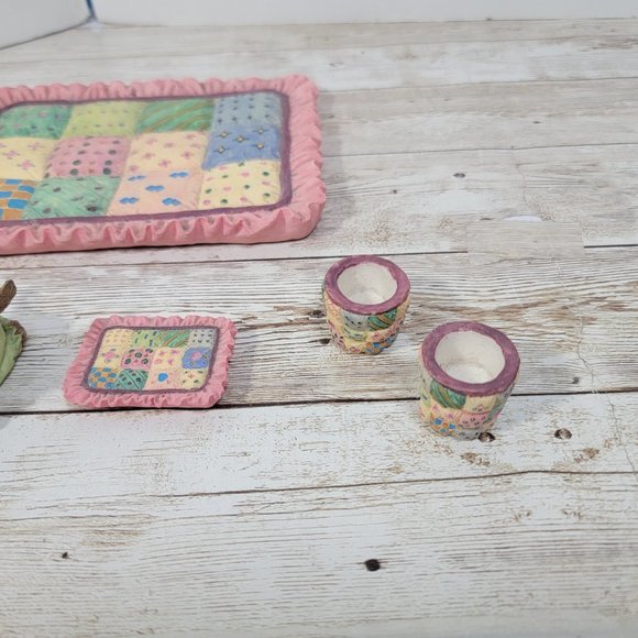 1996 Youngins Teddy Bear Picnic Miniatures Set 6pc Ceramic Ceramic Pastel Colors - Picture 6 of 11